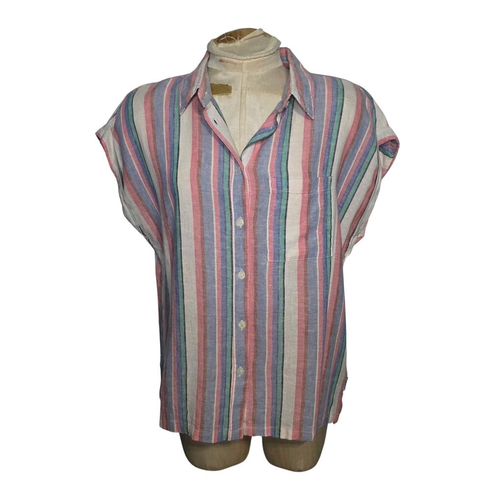 Orvis Women's Linen Blend Stripped Short Sleeve Top Button Front Shirt small